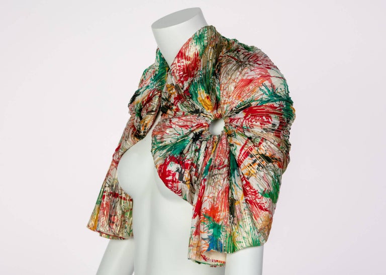 c. 2006 Zac Posen Splash Paint Multicolored Print Silk Lamè Bolero Jacket