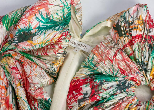 c. 2006 Zac Posen Splash Paint Multicolored Print Silk Lamè Bolero Jacket