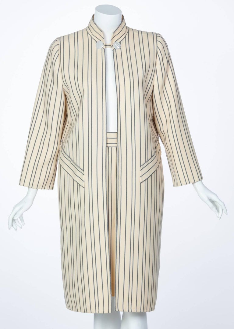 1990s Pauline Trigere creme and Navy Striped Wool Twill Coat Skirt Suit