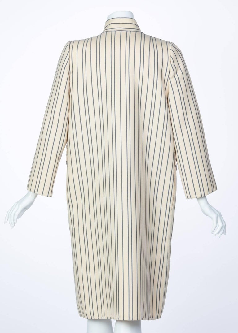 1990s Pauline Trigere creme and Navy Striped Wool Twill Coat Skirt Suit