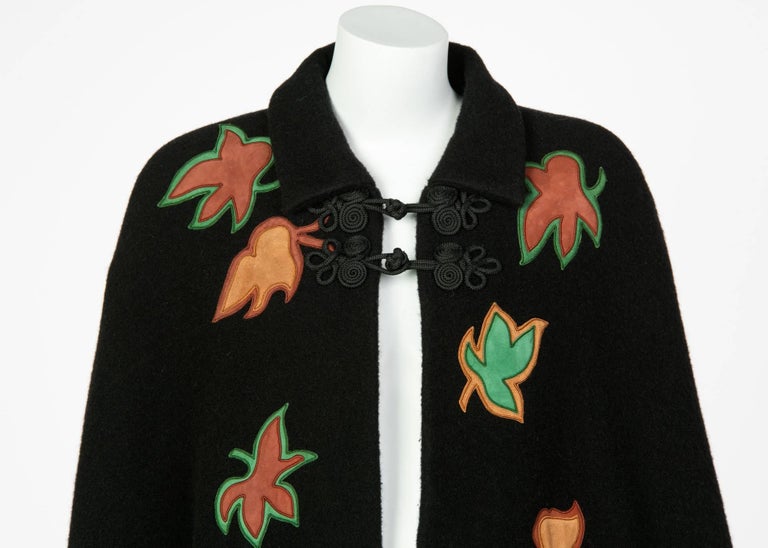 1970s Saint Laurent Rive Gauche Black Wool Falling Leaves Appliquè Cape