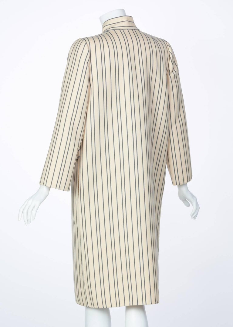 1990s Pauline Trigere creme and Navy Striped Wool Twill Coat Skirt Suit