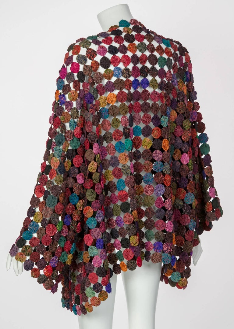 Handcrafted Multicolored Print Yo-Yo Quilt Kimono Sleeve Jacket, 1970s