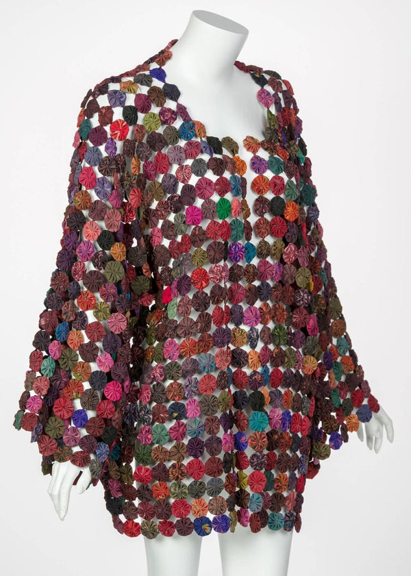 Handcrafted Multicolored Print Yo-Yo Quilt Kimono Sleeve Jacket, 1970s