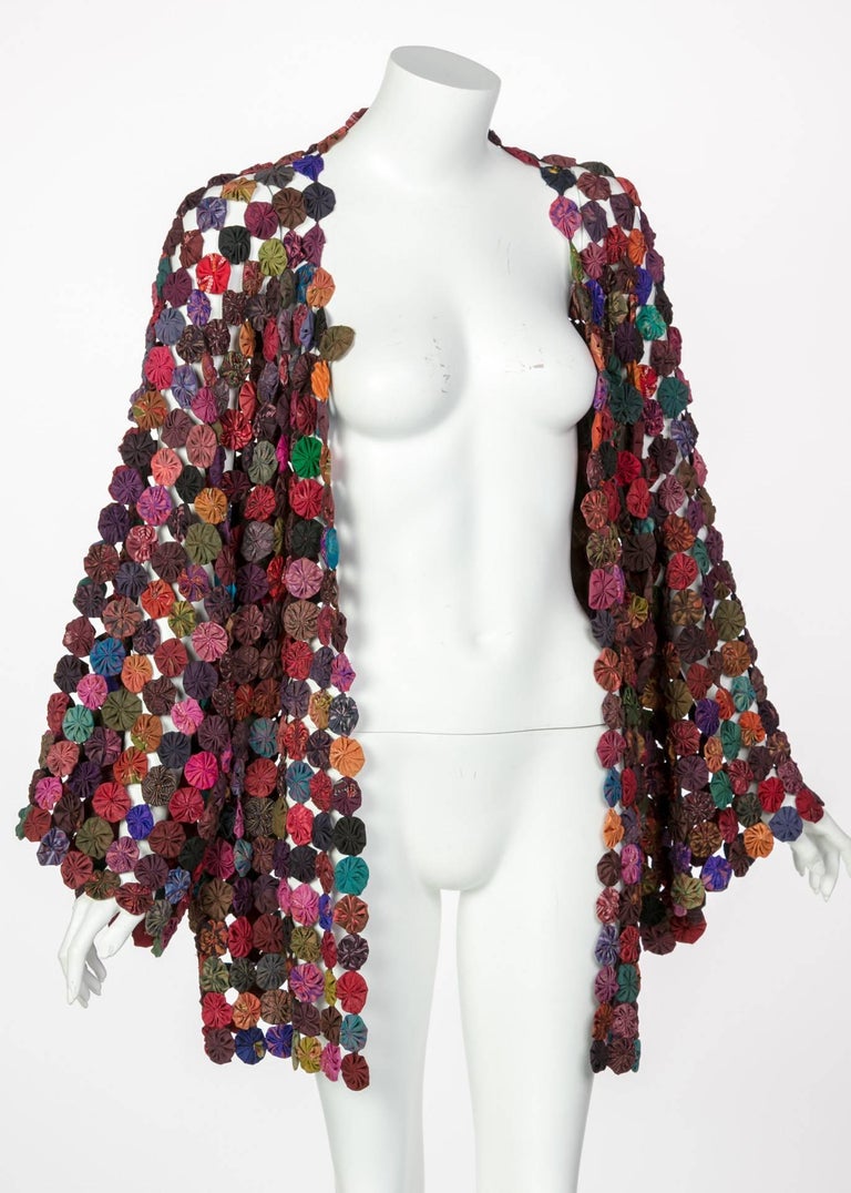 Handcrafted Multicolored Print Yo-Yo Quilt Kimono Sleeve Jacket, 1970s