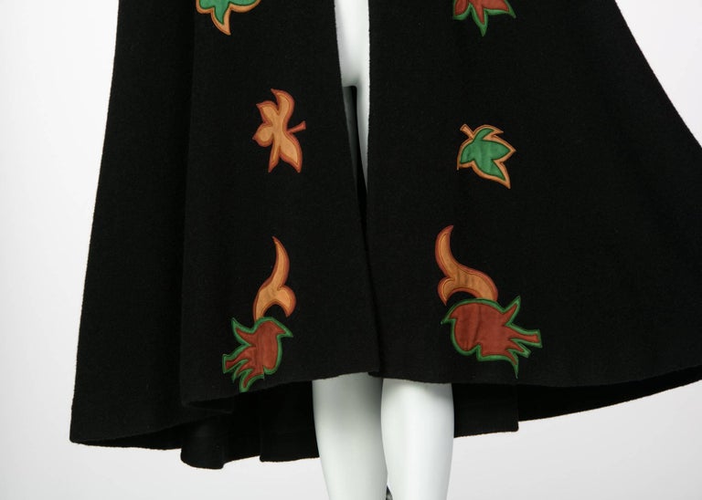 1970s Saint Laurent Rive Gauche Black Wool Falling Leaves Appliquè Cape
