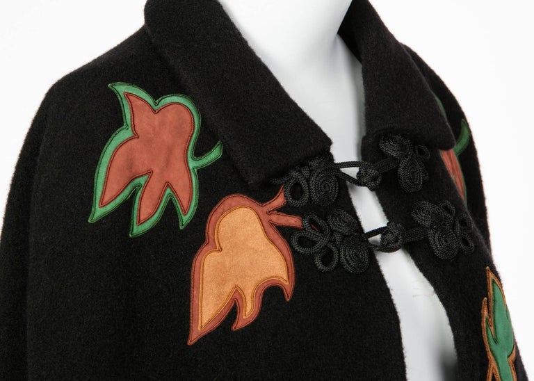 1970s Saint Laurent Rive Gauche Black Wool Falling Leaves Appliquè Cape