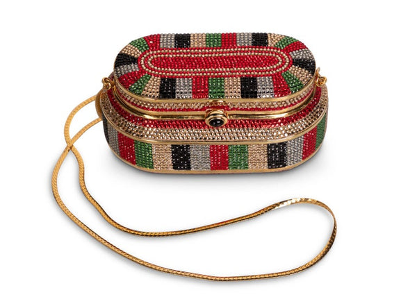 Judith Leiber Red Green Gold Crystal Box Minaudiere Evening Bag