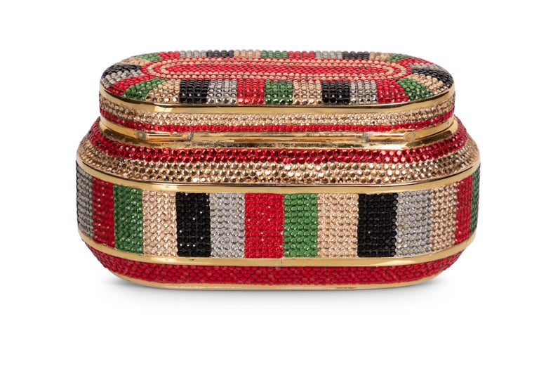 Judith Leiber Red Green Gold Crystal Box Minaudiere Evening Bag