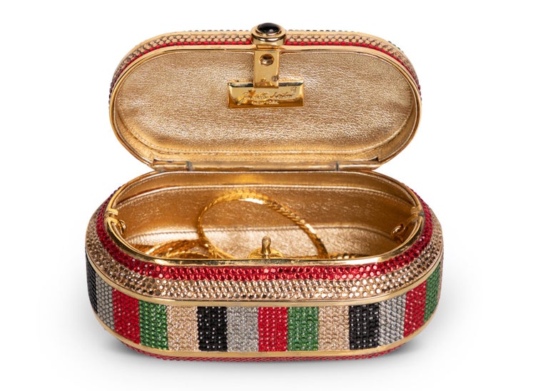 Judith Leiber Red Green Gold Crystal Box Minaudiere Evening Bag