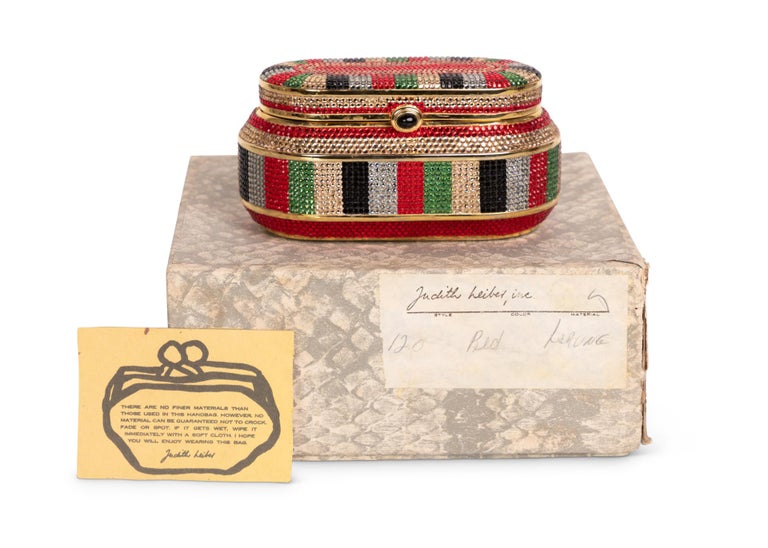 Judith Leiber Red Green Gold Crystal Box Minaudiere Evening Bag