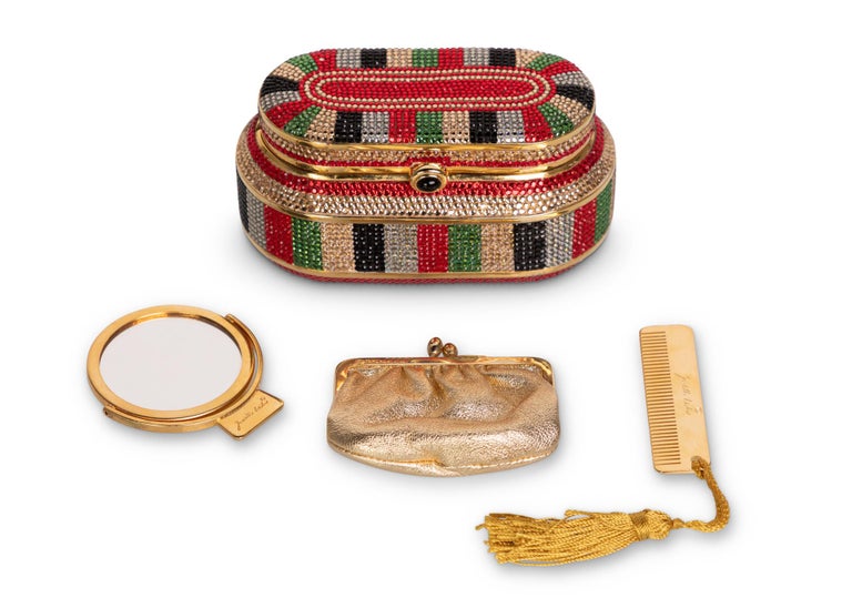 Judith Leiber Red Green Gold Crystal Box Minaudiere Evening Bag