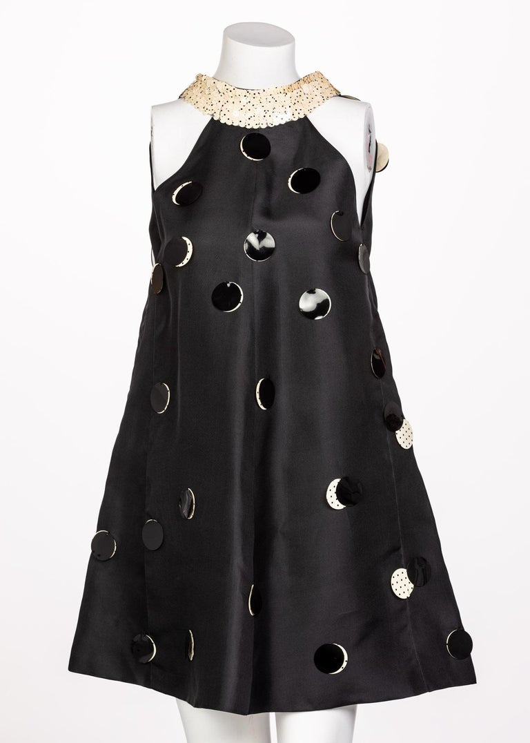 Courregès Black Silk Polka Dot Sequin Trapeze Mini Dress, 1960s