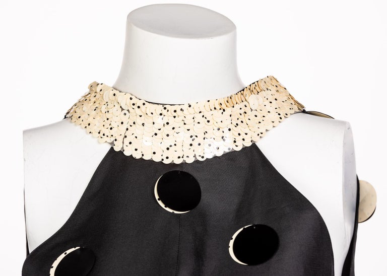 Courregès Black Silk Polka Dot Sequin Trapeze Mini Dress, 1960s