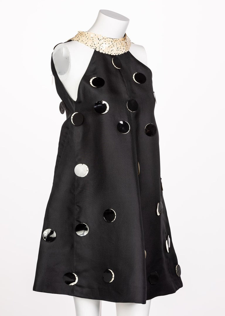 Courregès Black Silk Polka Dot Sequin Trapeze Mini Dress, 1960s