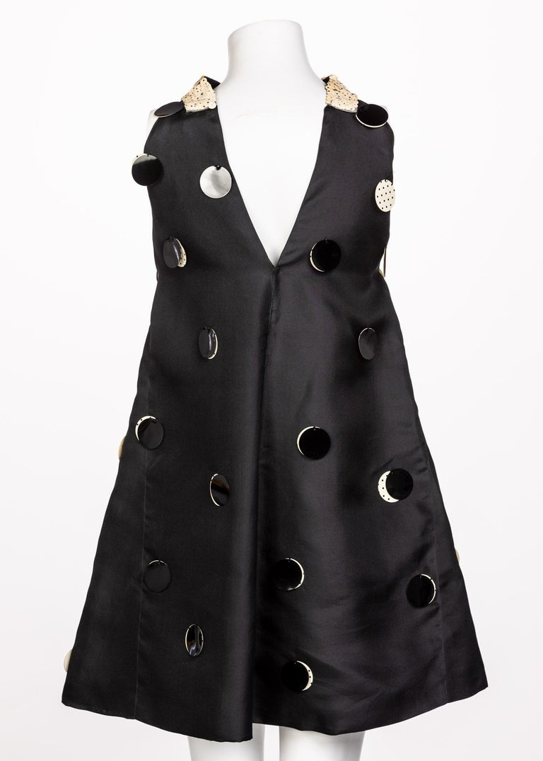 Courregès Black Silk Polka Dot Sequin Trapeze Mini Dress, 1960s