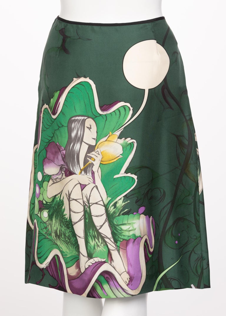 Prada Fairy James Jean Emerald Green Print Silk Skirt, 2008