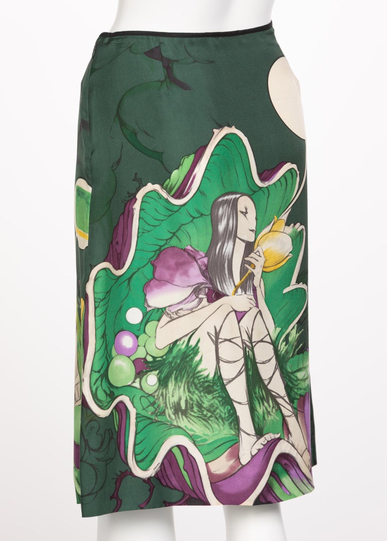 Prada Fairy James Jean Emerald Green Print Silk Skirt, 2008