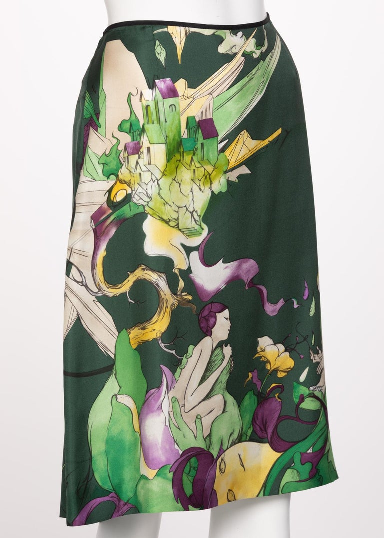 Prada Fairy James Jean Emerald Green Print Silk Skirt, 2008