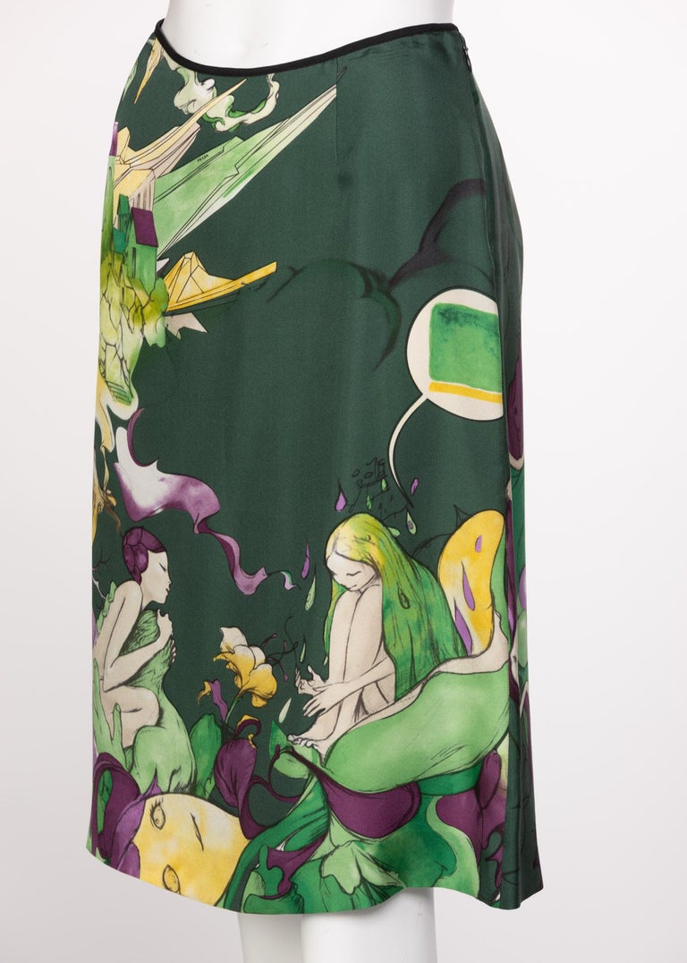 Prada Fairy James Jean Emerald Green Print Silk Skirt, 2008