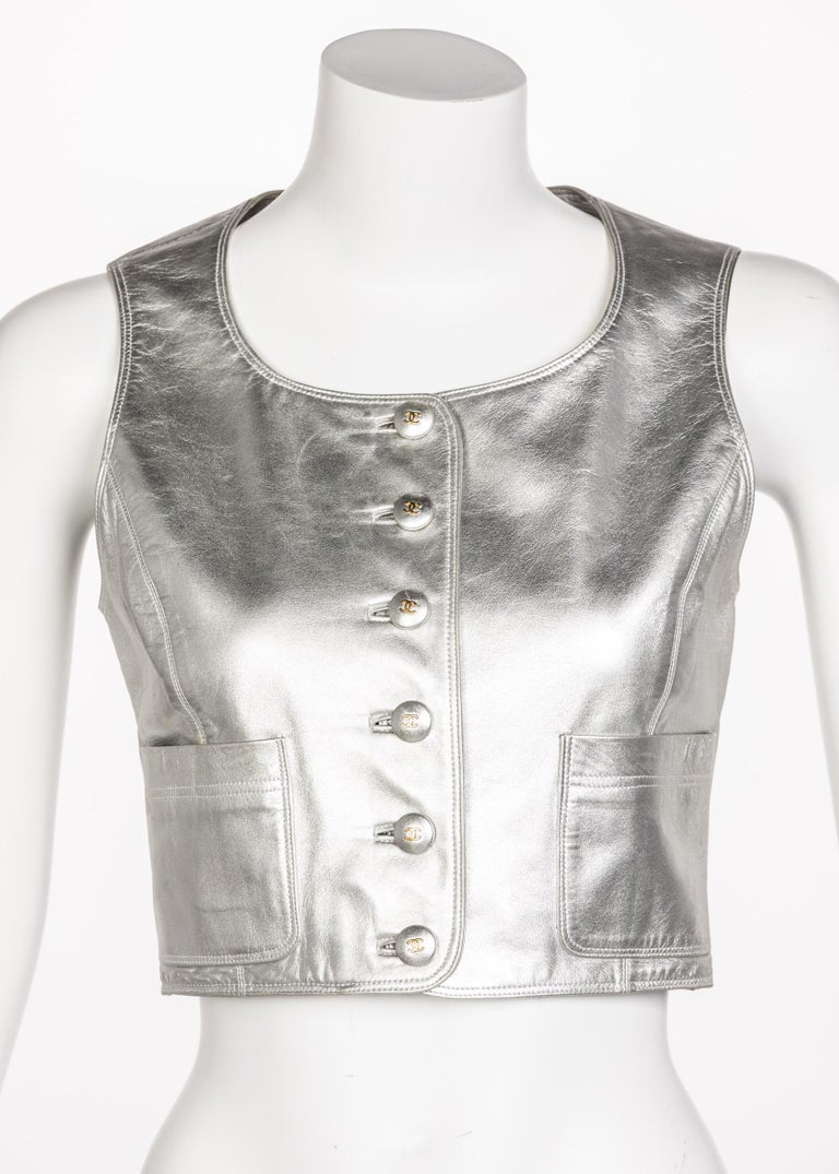 Chanel Silver Leather Cropped Vest, 1990s