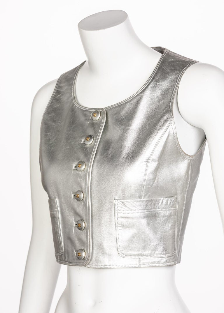 Chanel Silver Leather Cropped Vest, 1990s