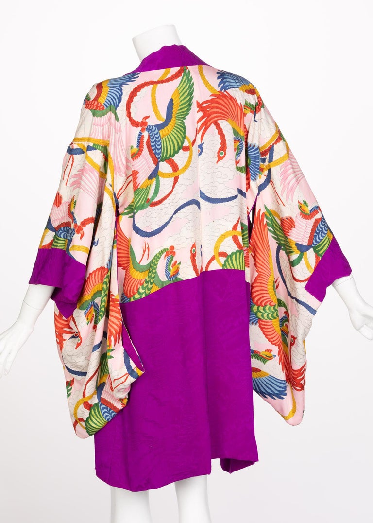 Vintage Japanese Magenta Silk Print Kimono Jacket