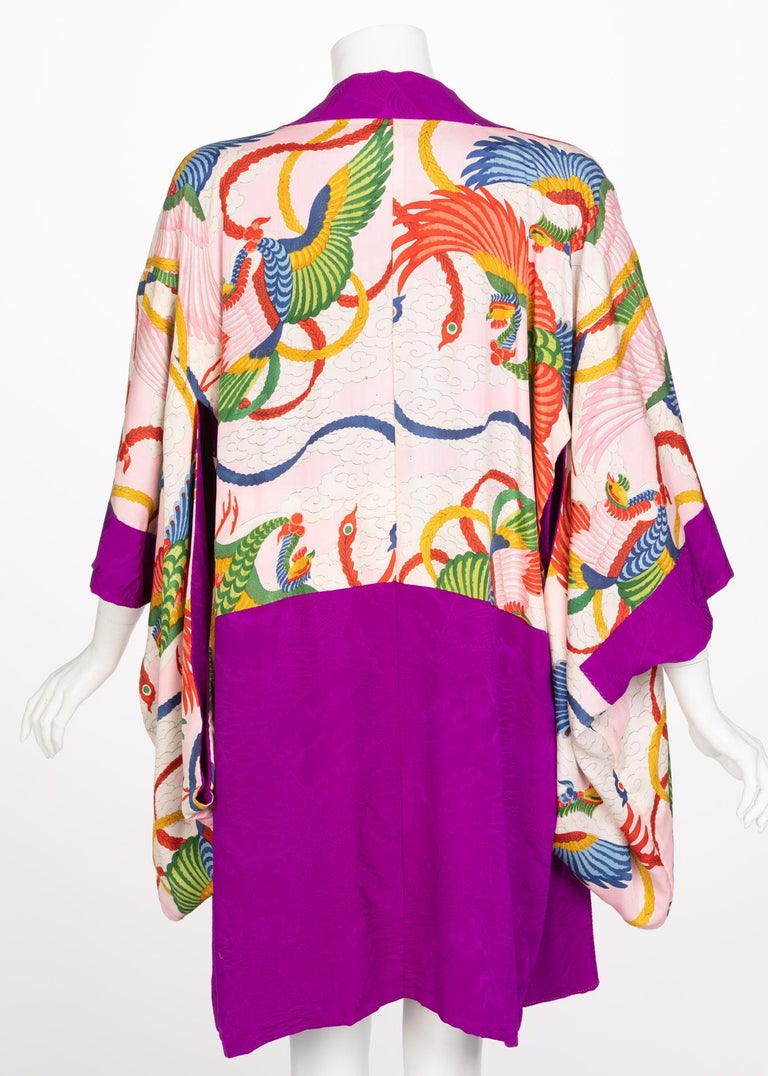 Vintage Japanese Magenta Silk Print Kimono Jacket
