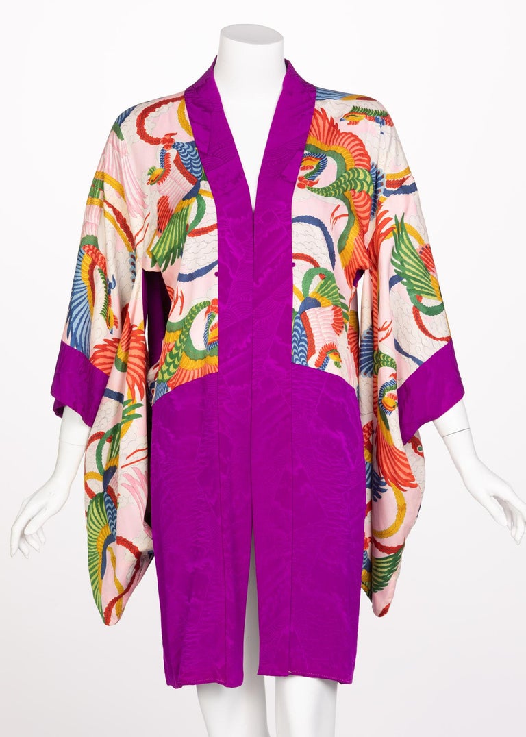 Vintage Japanese Magenta Silk Print Kimono Jacket