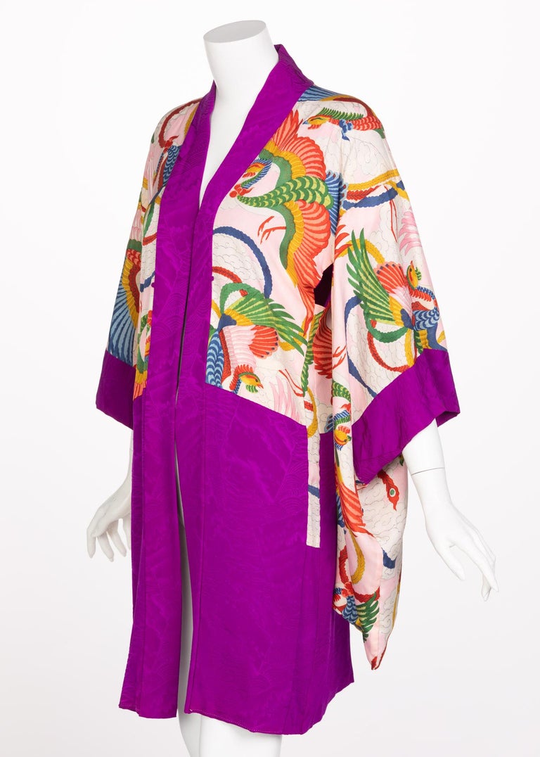 Vintage Japanese Magenta Silk Print Kimono Jacket