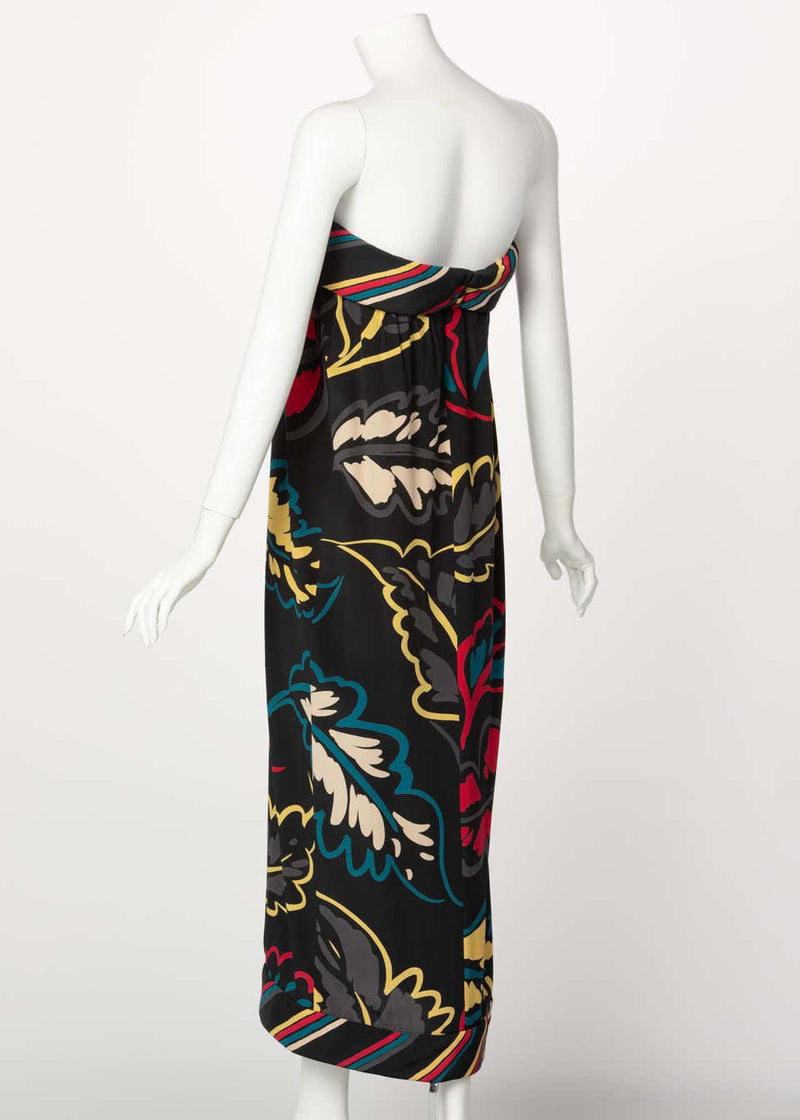 Chloé Printed Silk Strapless Leaf Print Sheath Dress, 1981