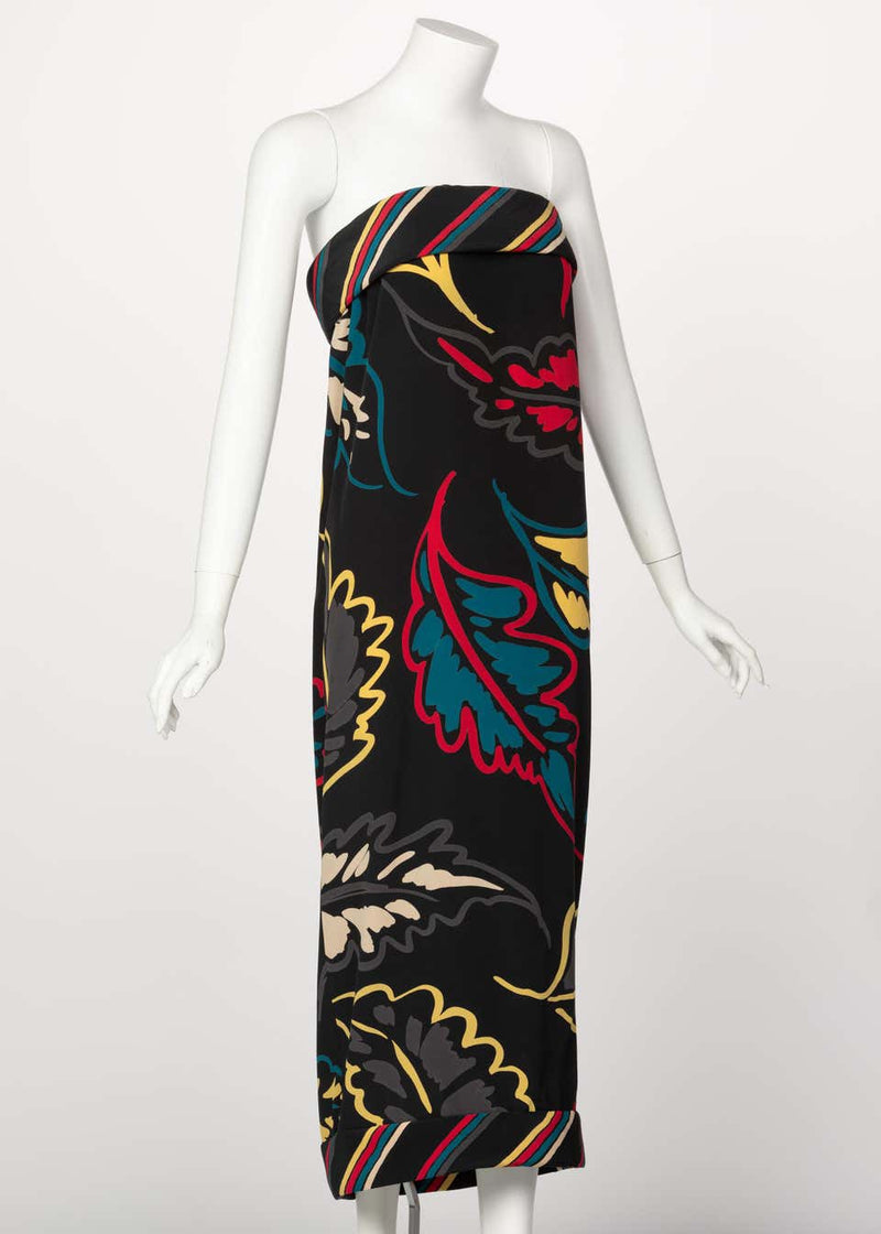 Chloé Printed Silk Strapless Leaf Print Sheath Dress, 1981