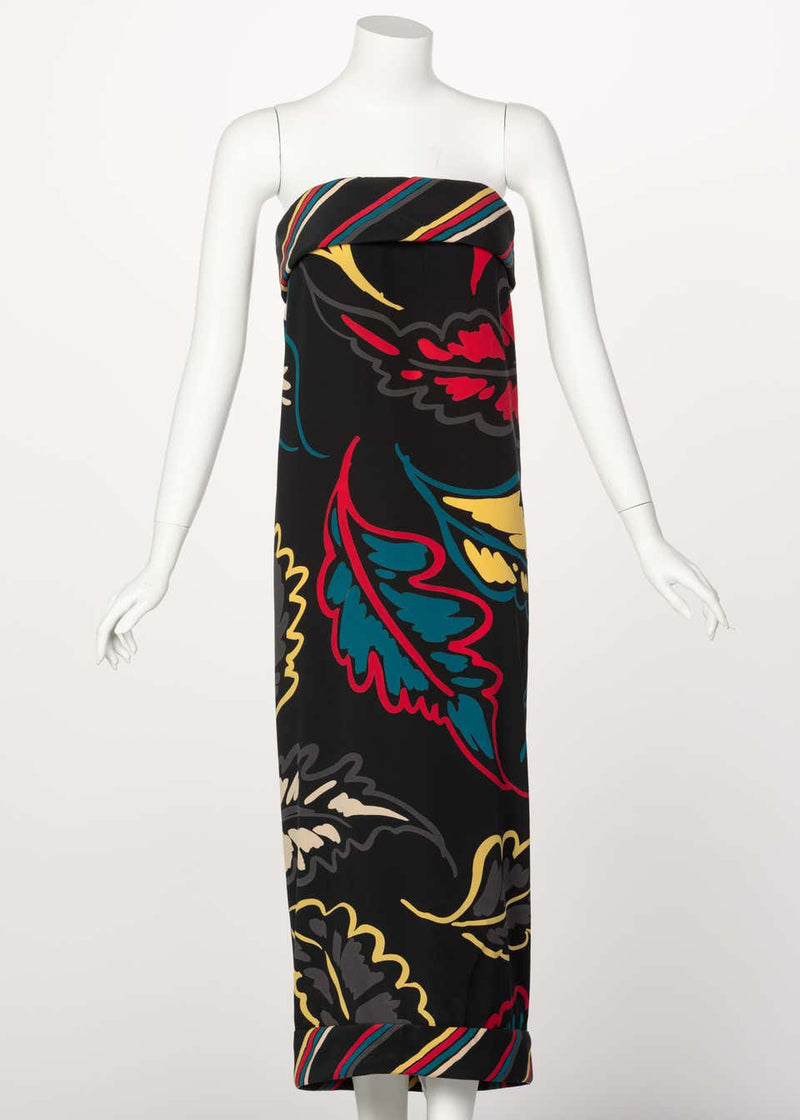 Chloé Printed Silk Strapless Leaf Print Sheath Dress, 1981