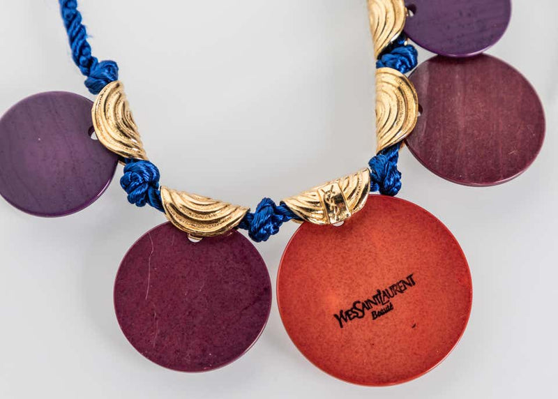Vintage Yves Saint Laurent Ysl Multi-Color Disc Silk Cord Necklace