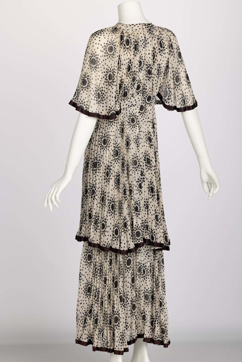 Divine 1970s Jean Muir Pleated Chiffon Ivory Black Dots Layered dress
