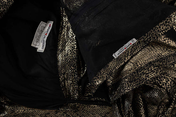 Saint Laurent Gold & Black One Shoulder Top Maxi Skirt Belted Set YSL, 1980s