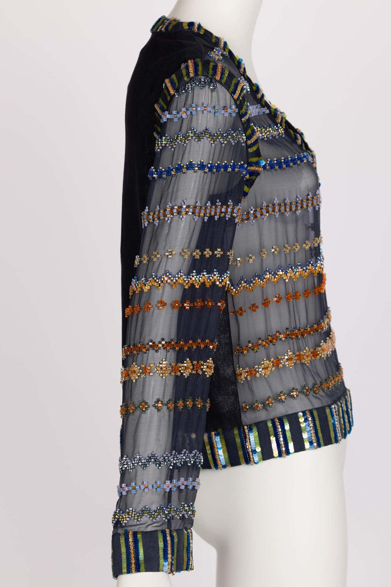 Chanel Métiers d’Art 2013 Beaded Sheer Silk & Leather Deep V Top