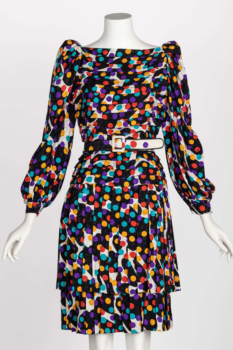 Fabulous Vintage Galanos Polka Dot Silk Pleated Belted Dress, 1980s