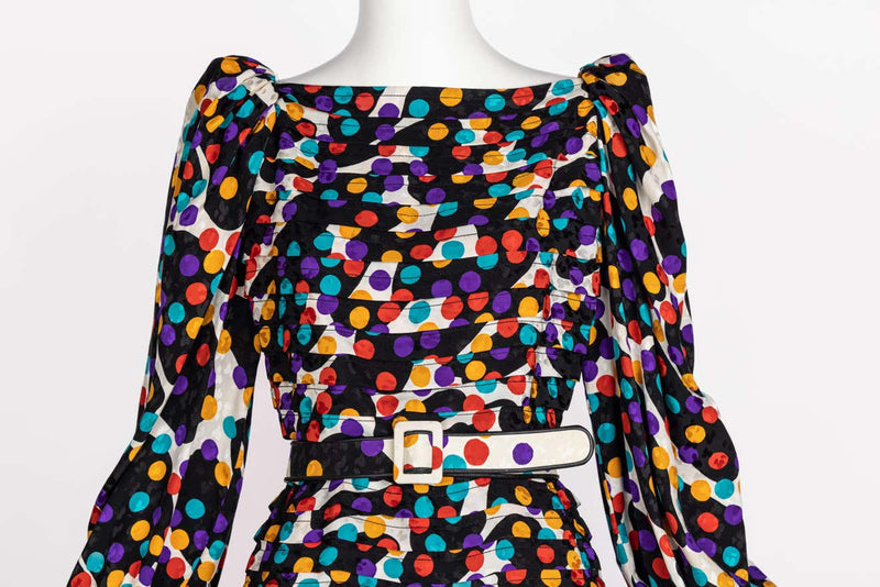 Fabulous Vintage Galanos Polka Dot Silk Pleated Belted Dress, 1980s