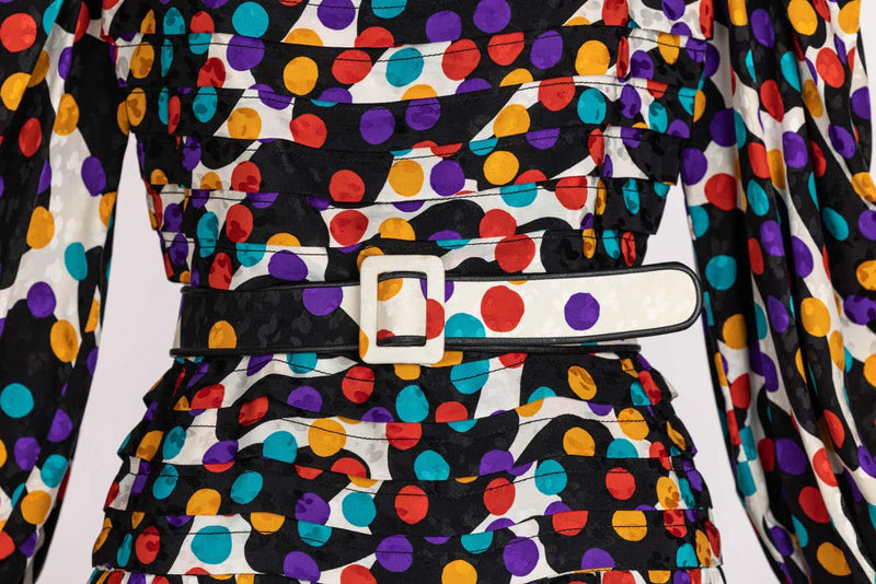 Fabulous Vintage Galanos Polka Dot Silk Pleated Belted Dress, 1980s