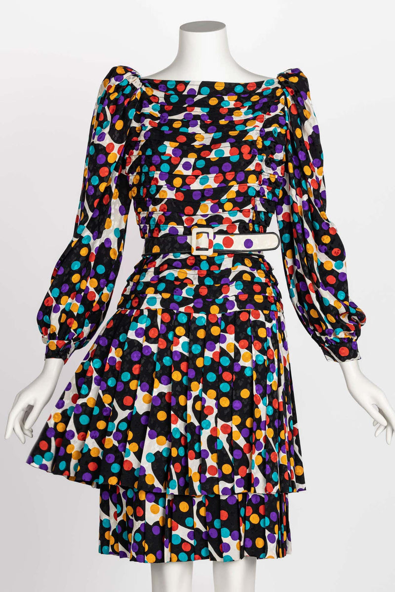 Fabulous Vintage Galanos Polka Dot Silk Pleated Belted Dress, 1980s