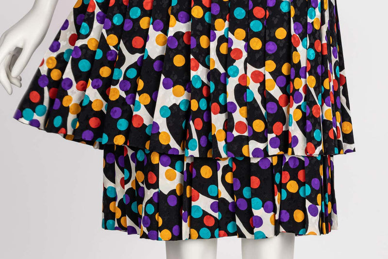 Fabulous Vintage Galanos Polka Dot Silk Pleated Belted Dress, 1980s
