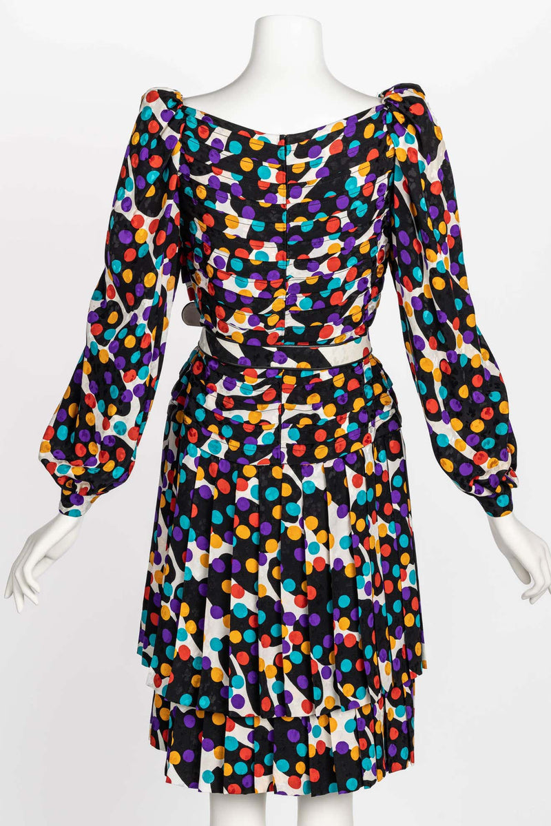 Fabulous Vintage Galanos Polka Dot Silk Pleated Belted Dress, 1980s