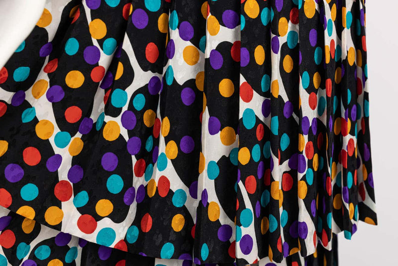 Fabulous Vintage Galanos Polka Dot Silk Pleated Belted Dress, 1980s