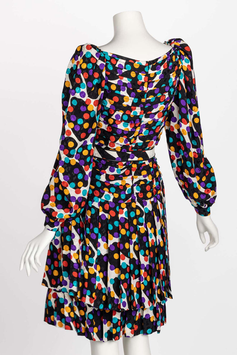 Fabulous Vintage Galanos Polka Dot Silk Pleated Belted Dress, 1980s
