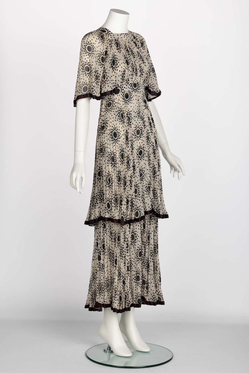 Divine 1970s Jean Muir Pleated Chiffon Ivory Black Dots Layered dress
