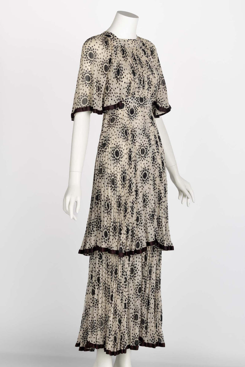 Divine 1970s Jean Muir Pleated Chiffon Ivory Black Dots Layered dress