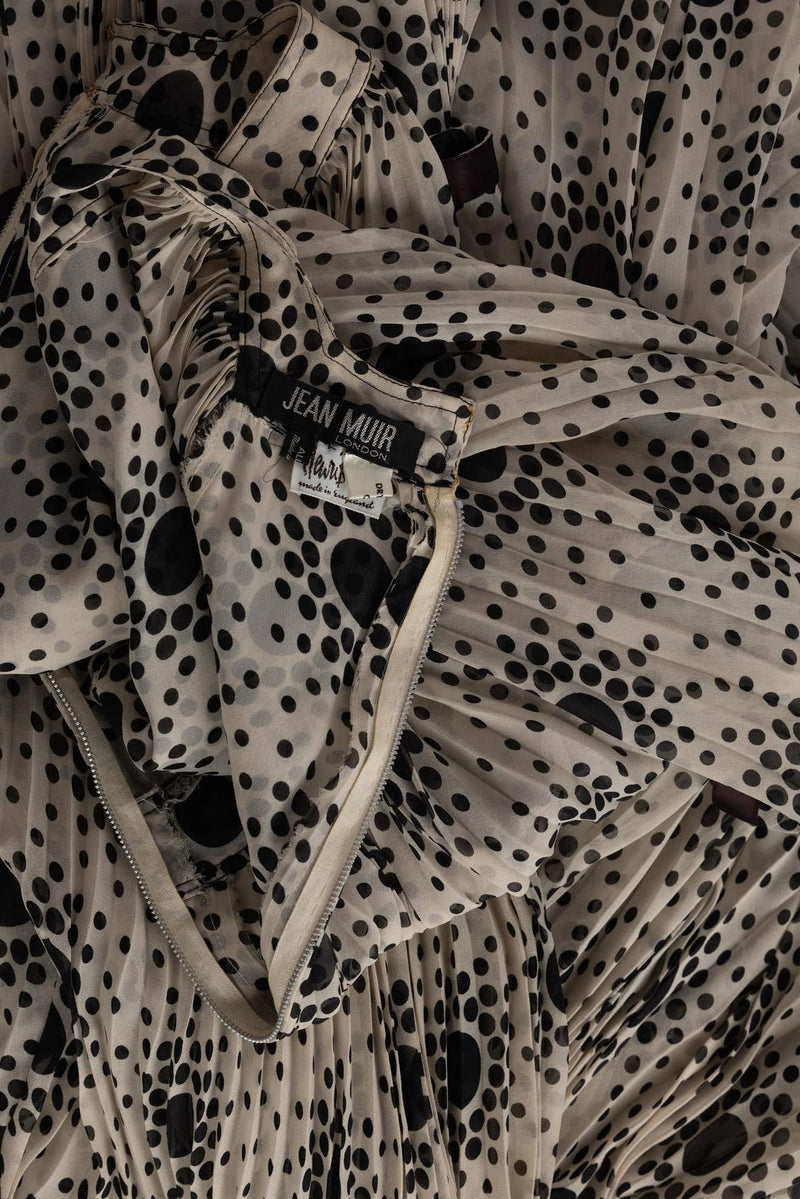 Divine 1970s Jean Muir Pleated Chiffon Ivory Black Dots Layered dress