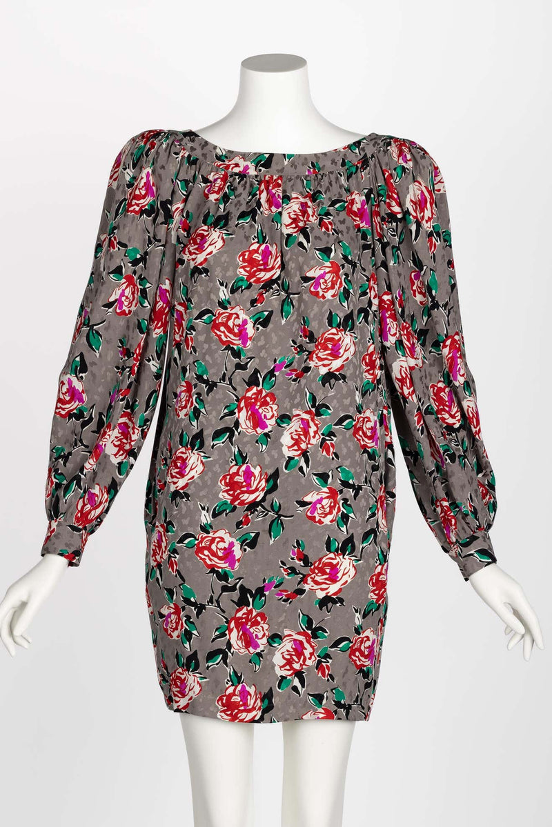 Yves Saint Laurent Floral Silk Long Sleeve Mini Dress YSL, 1980s