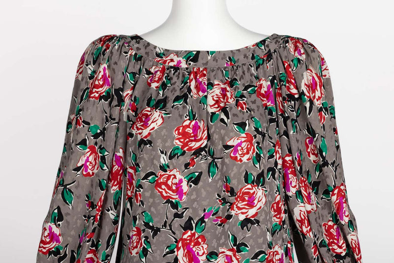 Yves Saint Laurent Floral Silk Long Sleeve Mini Dress YSL, 1980s